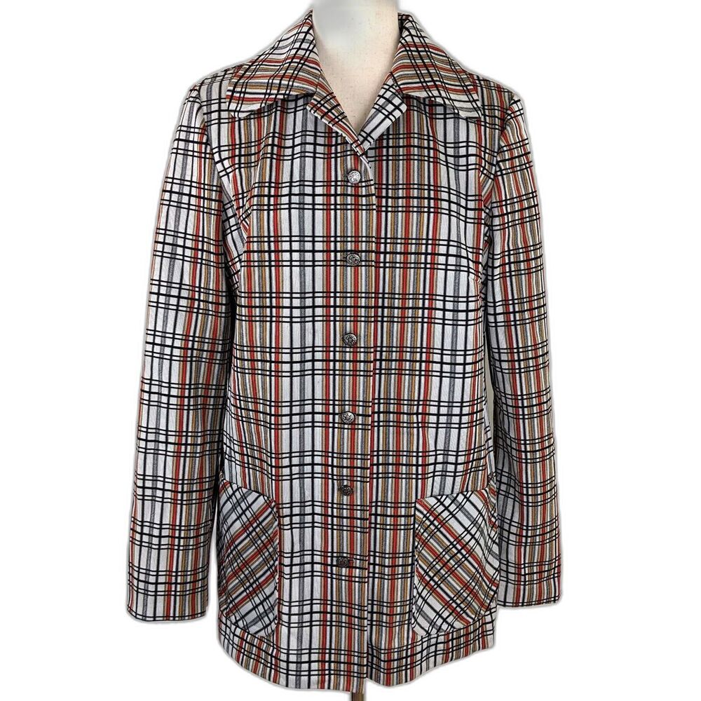 VTG 70s Paul Jacobs PJ Talls Plaid Poly Blend Knit Button Front Jacket Size 12